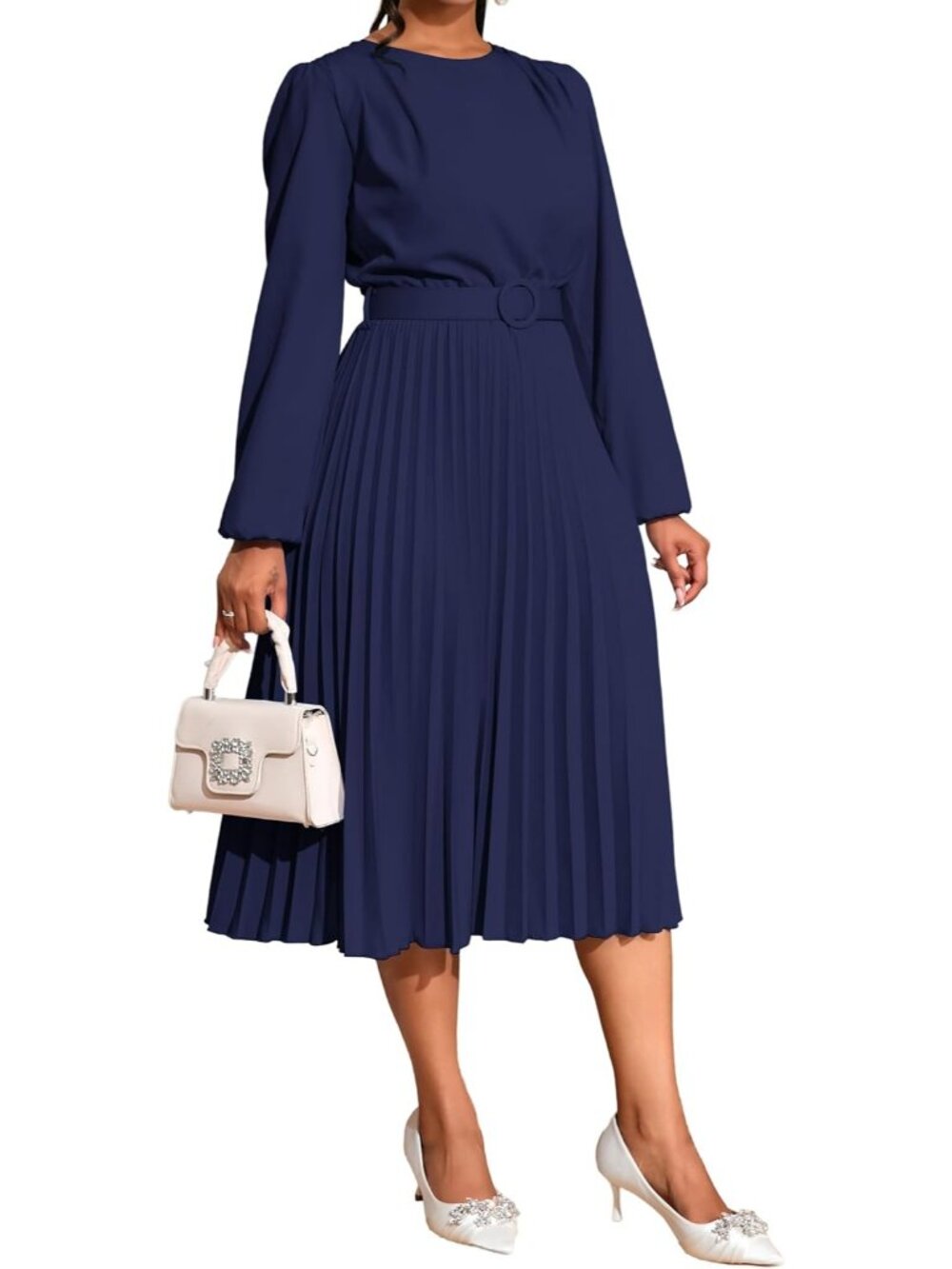 🆕Women's Navy Blue Pleated Midi Dress Long Sleeve Semi Formal Dress Casual - Picture 2 of 6